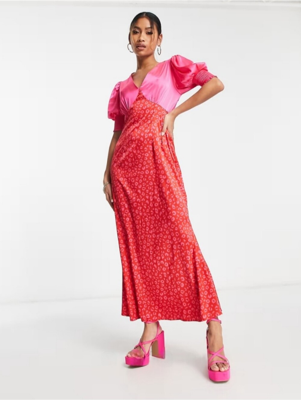 Never Fully Dressed May Puff Sleeve Contrast Maxi Dress Red And Pink Nwot